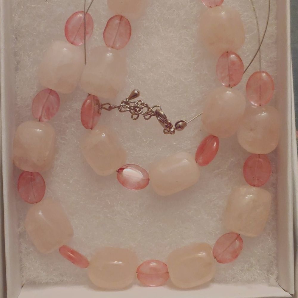 Handmade Necklace & Bracelet SET Pink Quartz Chunky bead w/ flat oval spacers